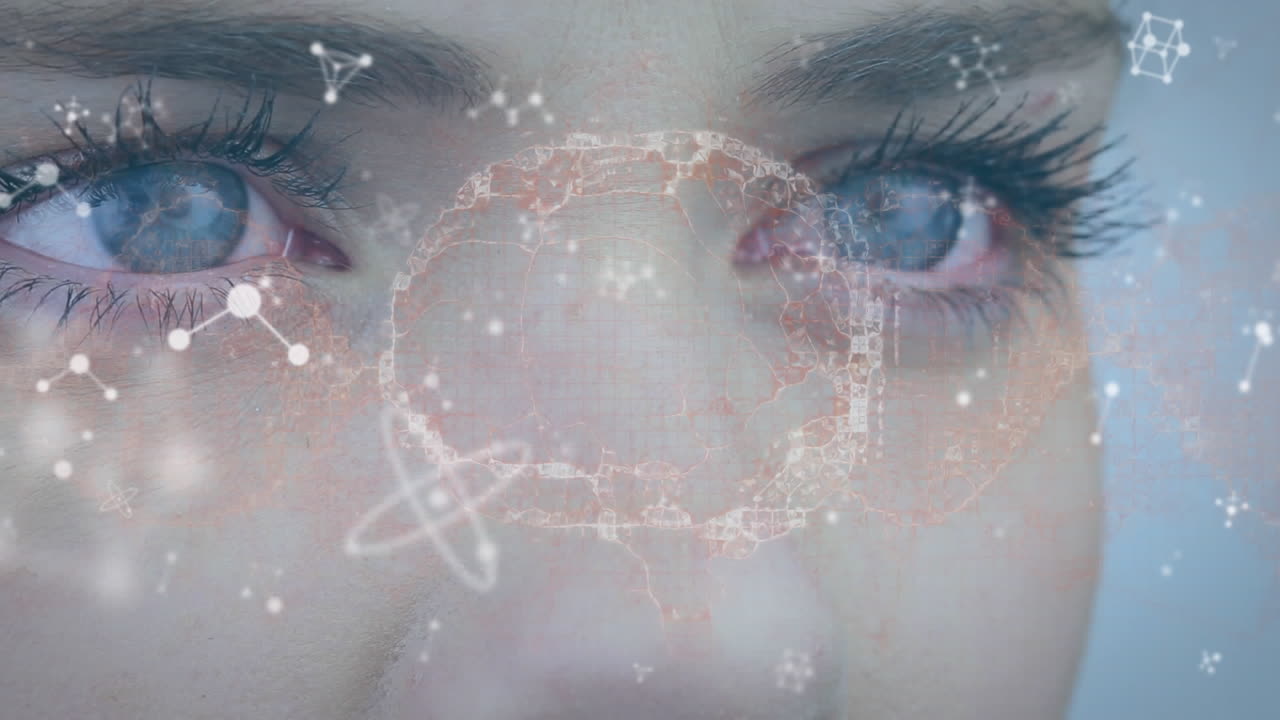 анимация человеческого мозга и молекул над лицом женщины