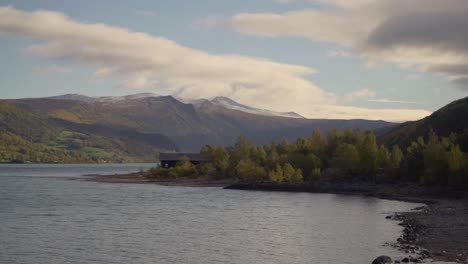 norwegian lake with mighty mountains in the background