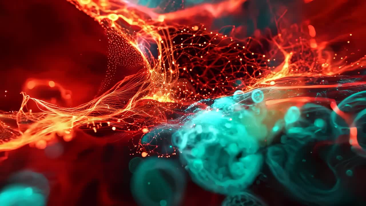 The image is a close-up of a cell with a red and black background. The cell is surrounded by green and red dots, giving it a vibrant and dynamic appearance