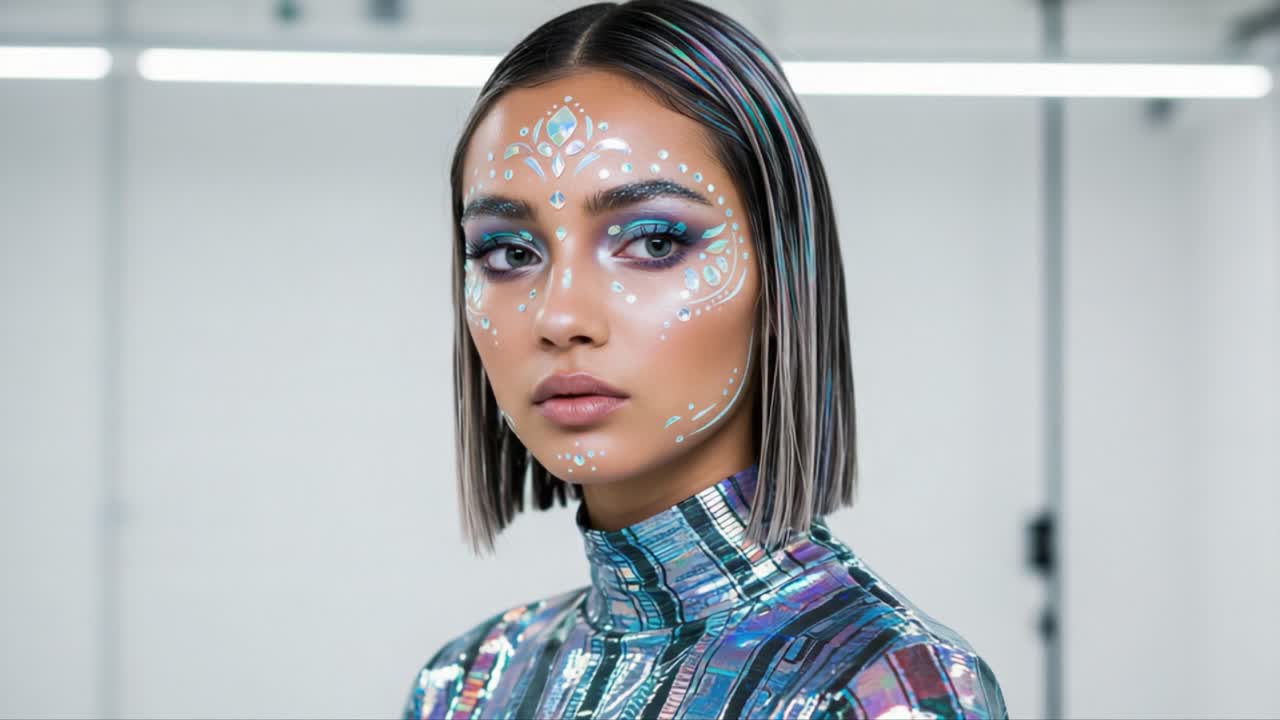 A Stunning Portrait of a Model with Intricate Facial Art and Iridescent Styling, Captured in a Modern Studio Setting with a Focus on Unique Aesthetics and Contemporary Fashion