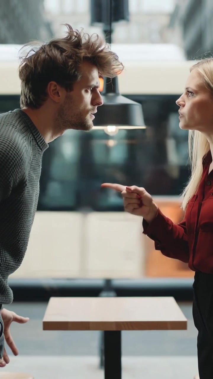 Vertical video: Leaning man in grey knit shouting, arguing at woman red top at cafe table, pointing