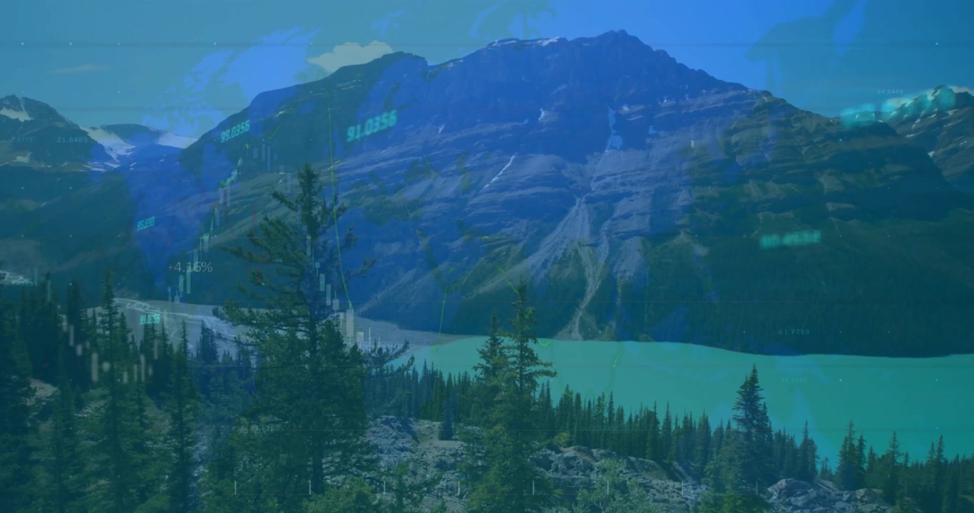 Lake holding static 2s, data fading, bars rising and charts sweeping visualizing market trends