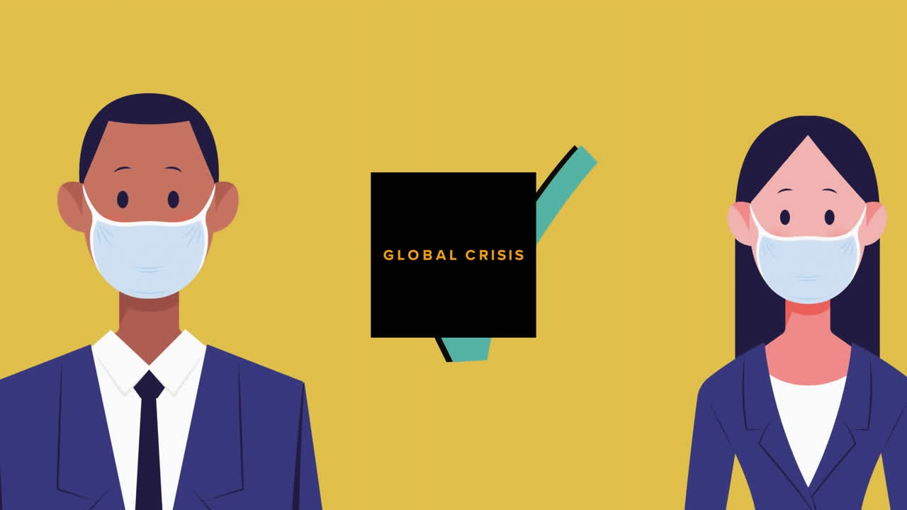 코로나 바이러스 콘셉트 텍스트 남성과 여성이 얼굴 마스크를 착용하고 사회적 거리를 유지하는 것에 반대합니다.