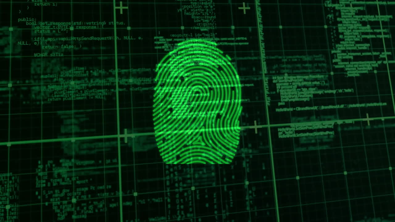 Animation of fingerprint over data processing on black background