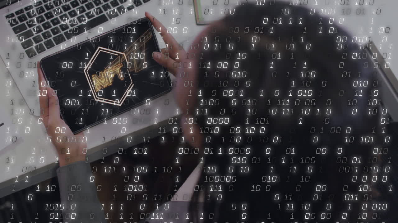 Woman exploring network visualization on tablet at office desk, with floating binary code overlay