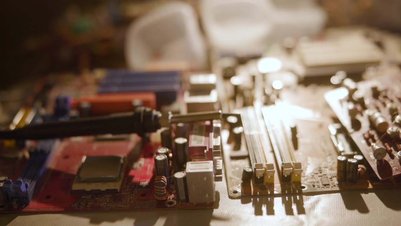 Primo piano dettagliato di una scheda elettronica e piccoli componenti elettronici su un banco da lavoro, illuminato da una luce laterale calda con una profondità di campo ridotta e un intervento di riparazione tecnica.