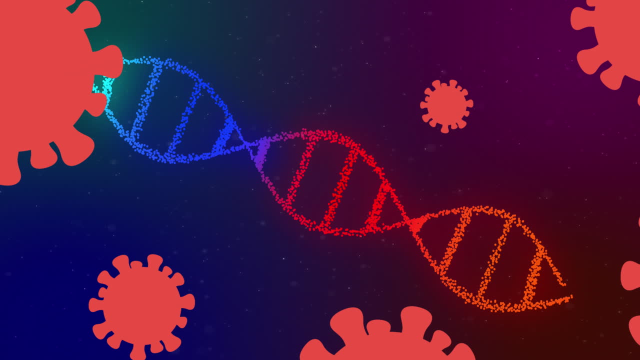 animación de las células de covid 19 que se mueven y la hilera de adn que gira