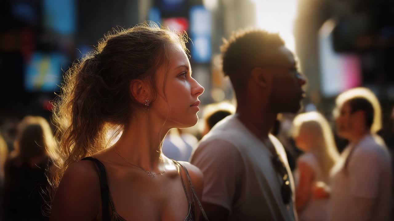 Un momento spontaneo in una vibrante scena urbana con due individui che catturano l'essenza della vita cittadina sullo sfondo di colori vivaci ed energia dinamica.