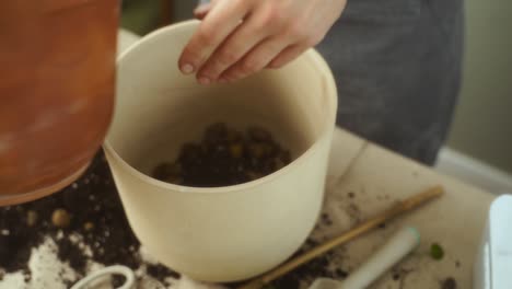 Mujer-De-Cultivo-Poniendo-Guijarros-De-Arcilla-Y-Tierra-En-Una-Olla