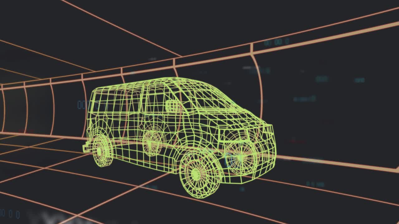 네온 와이어프레임 밴이 회전하고 가상 카메라가 프로토타입을 보여주는 그리드 터널을 돌고 있어요