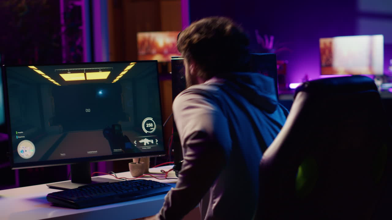 Gamer starting game, battling foes in online multiplayer futuristic shooter