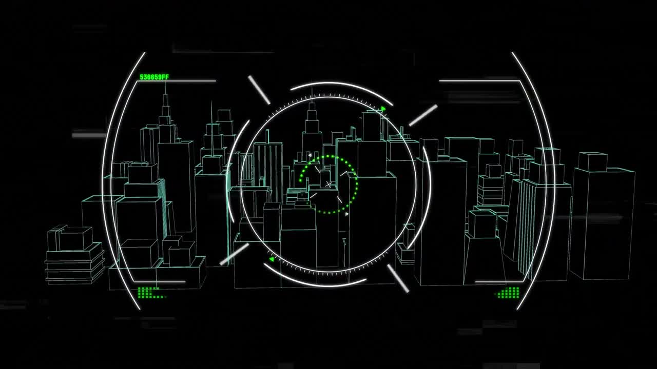 animación del alcance del escaneo sobre el dibujo del paisaje urbano en 3d