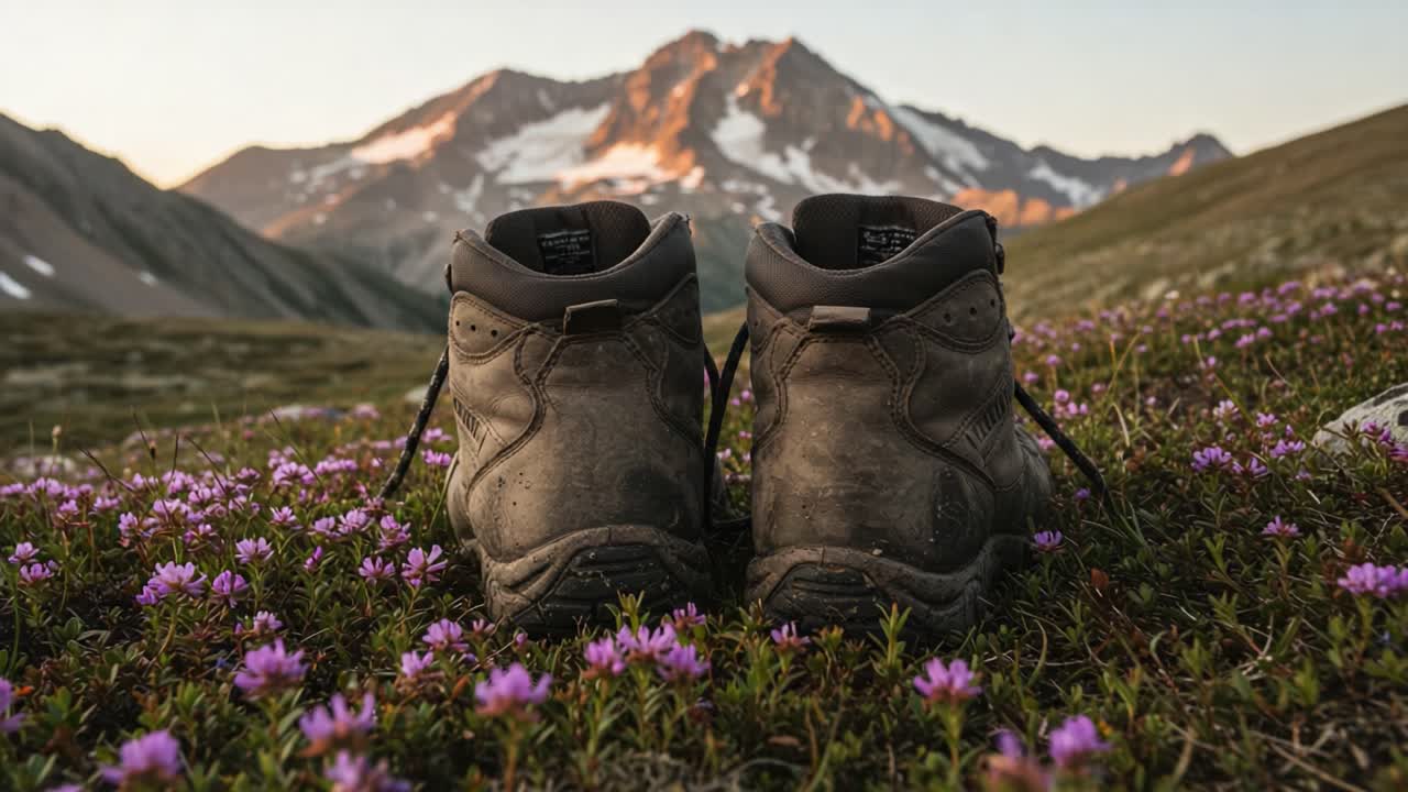 Explorando la belleza de la naturaleza: botas de senderismo descansando entre flores silvestres con un majestuoso fondo montañoso al atardecer.