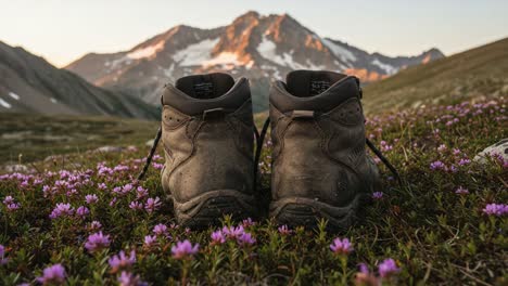 exploring nature's beauty: hiking boots resting among wildflowers with majestic mountain background at sunset