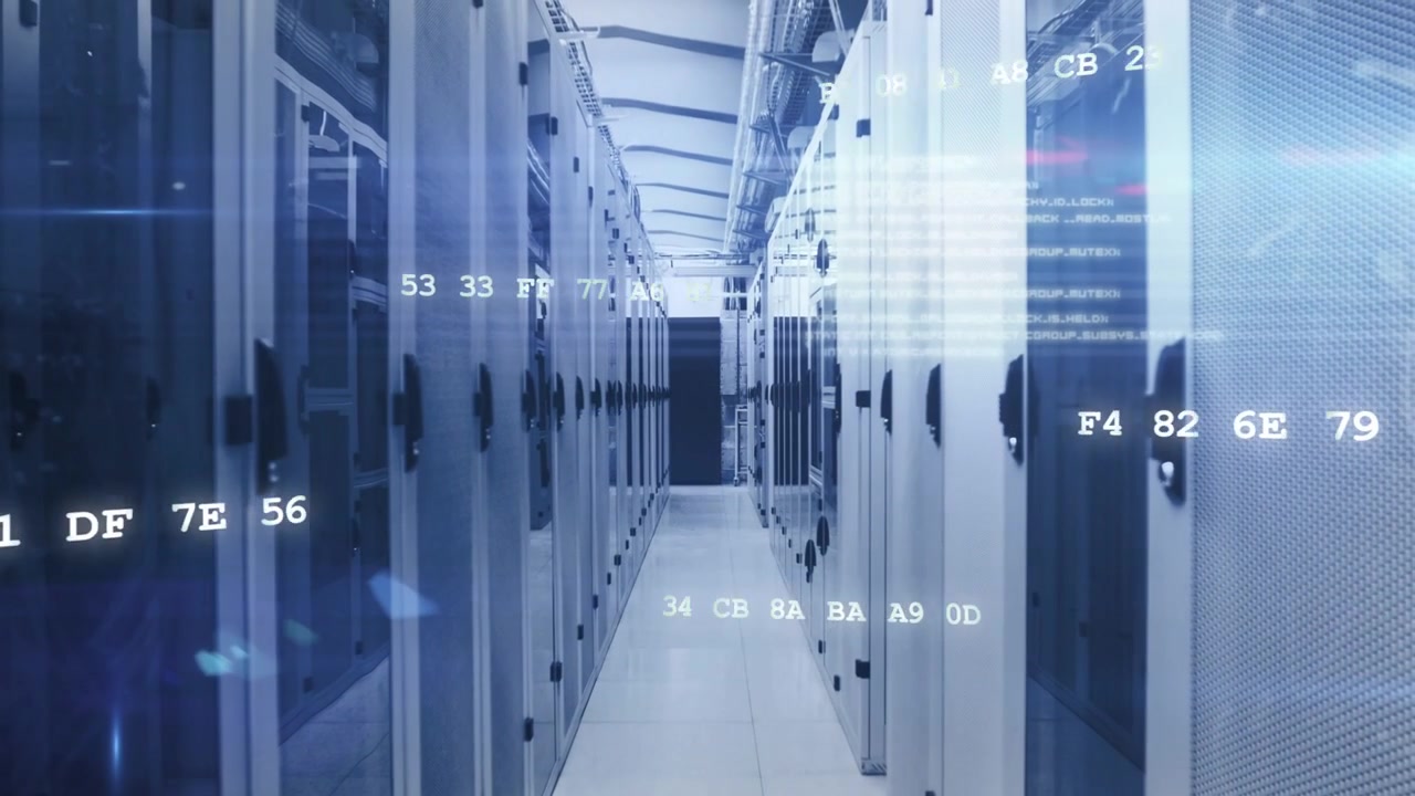 Vertical video: Server-rack aisle moving forward blue-lit while overlays increasing with data flow