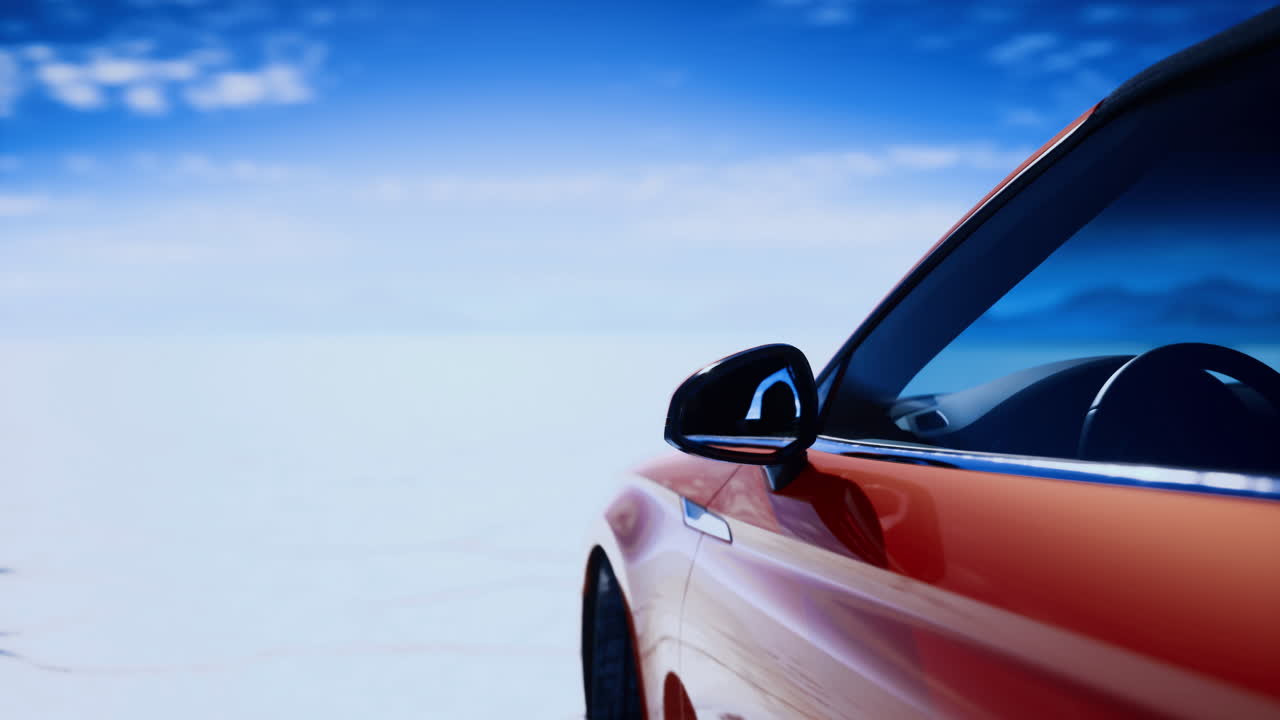 Auto arancione vivace parcheggiata su distese di saline sotto un cielo azzurro limpido