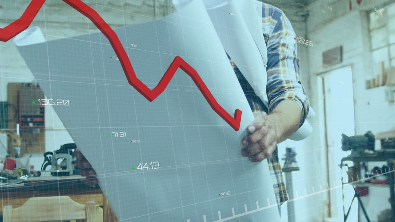 작업실에서 청사진을 가진 성숙한 백인 남성 목수에 대한 빨간 그래프 처리의 애니메이션