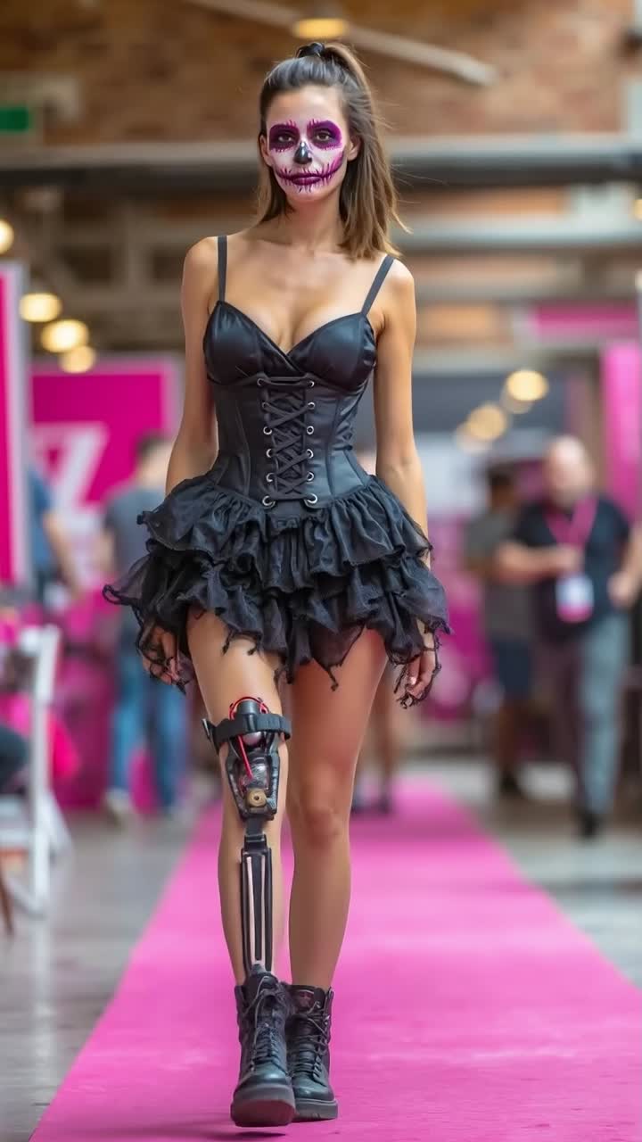 Giovane donna con protesi bionica alla gamba che cammina in un abito a corsetto nero