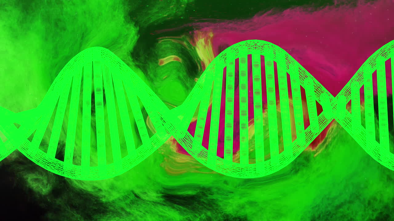 cadena de adn verde giratoria sobre un fondo de nube de humo verde y rojo