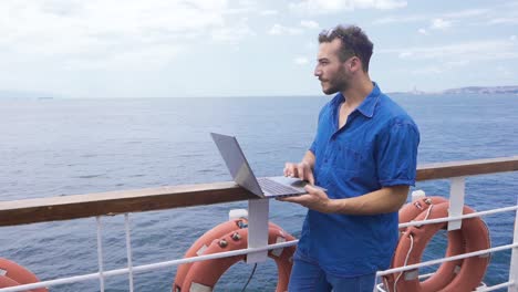 freelance businessman on the ferry. slow motion.