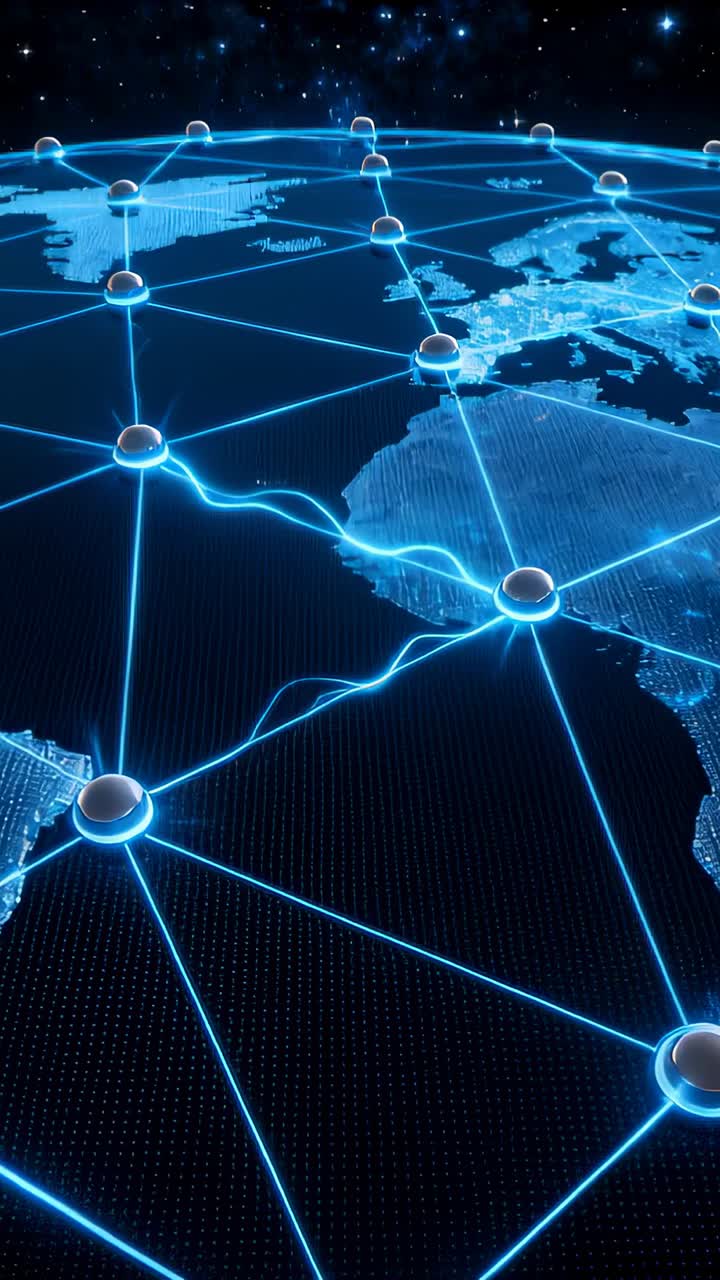 Vertical video: 3D network globe pulsing from lower right to core nodes in space, showing data flow