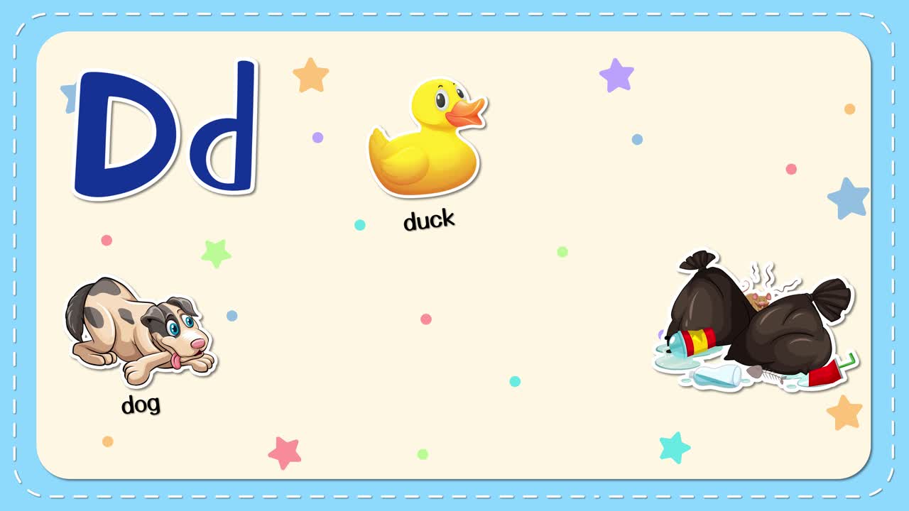Una flashcard animata mostra la lettera D insieme a vari animali e oggetti dei cartoni animati per l'apprendimento precoce.