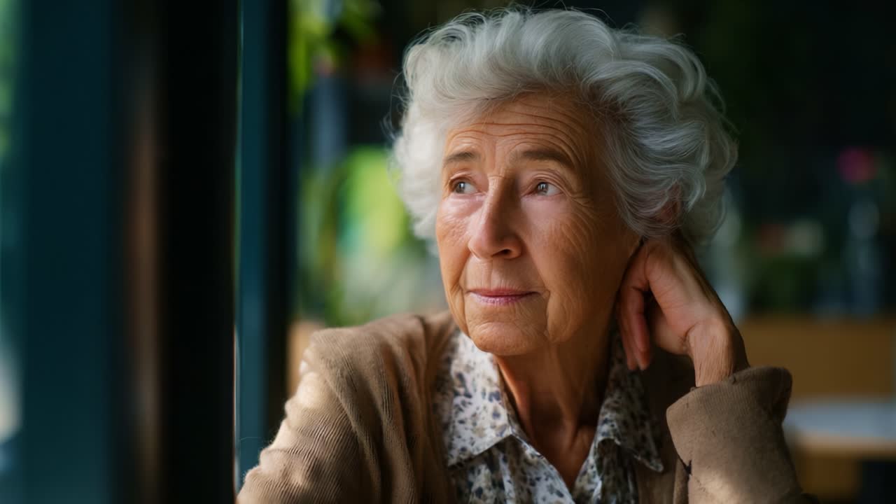 Un'anziana pensierosa che guarda fuori dalla finestra in un ambiente accogliente, riflettendo sui ricordi e sulle esperienze di vita con una dolce espressione di nostalgia