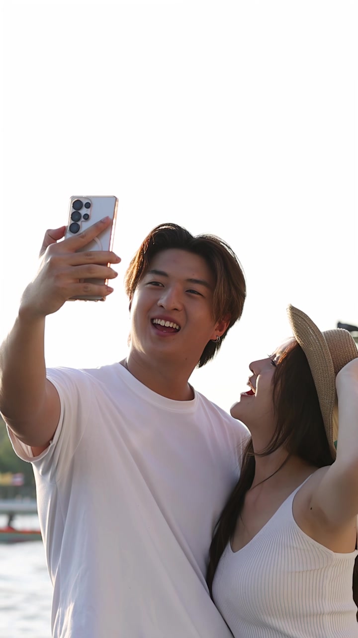 Una giovane coppia sorridente si scatta un selfie con lo smartphone in riva al fiume al tramonto con una morbida retroilluminazione.