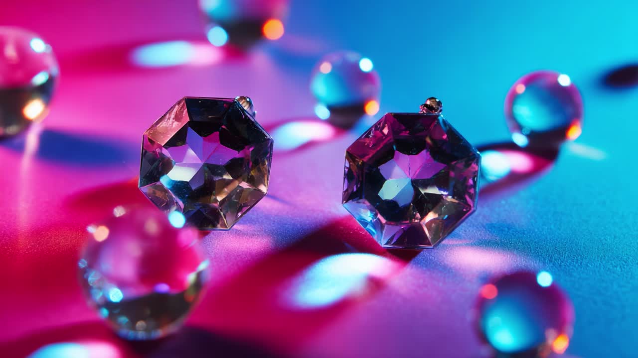 A Stunning Array of Decoratively Cut Crystals and Colorful Light Reflections, Showcasing the Unique and Intricate Designs of Each Octagonal Shape, Surrounded by Gleaming Spheres of Light in a Captivating Arrangement