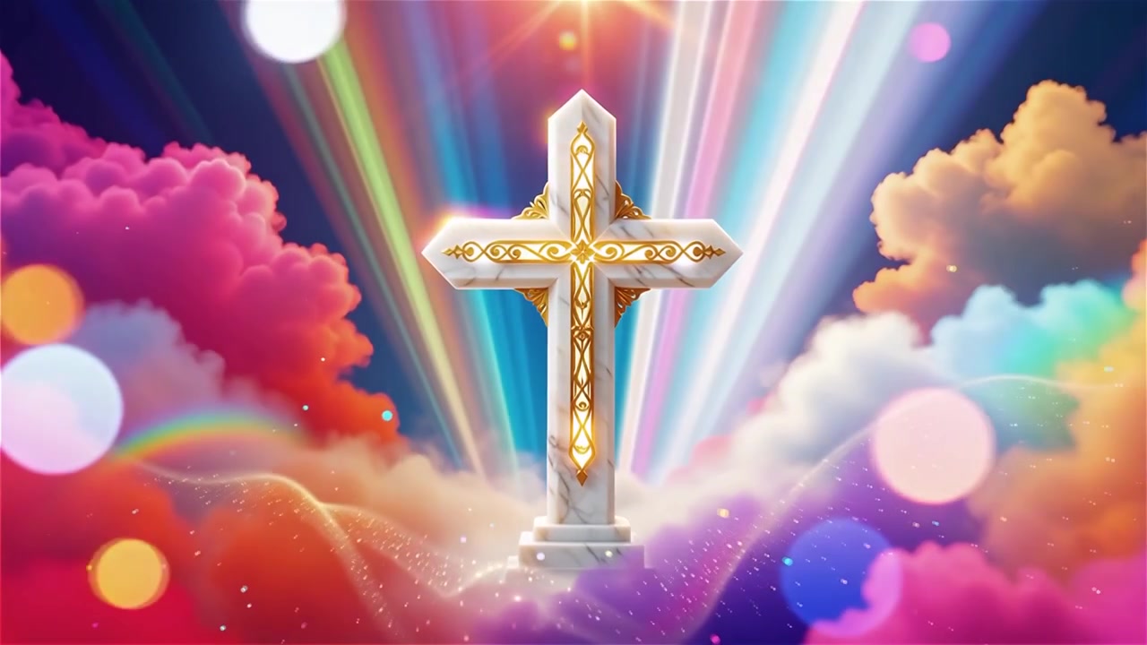 Christliches Kreuz, himmlisches Licht, Anbetungshintergrund.