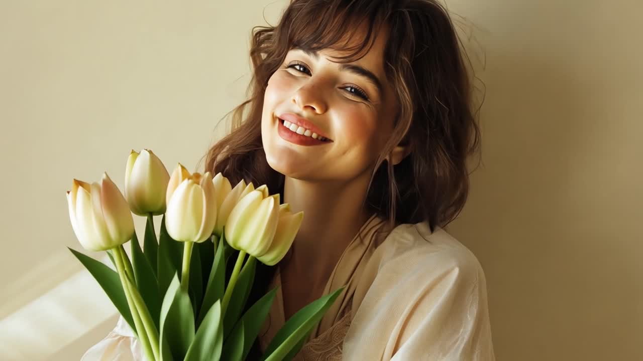Smiling Woman Holding a Bouquet of Tulips