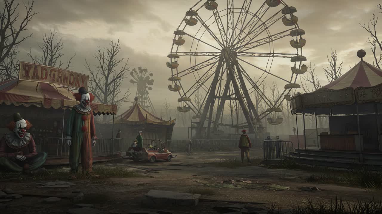 Eerie Atmosphere at Abandoned Fairground with Disturbing Clowns and Loneliness Amidst Decaying Rides in a Gloomy, Foggy Environment