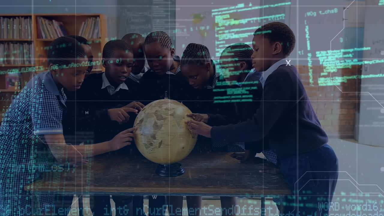 animación de procesamiento de datos sobre escolares afroamericanos girando el globo