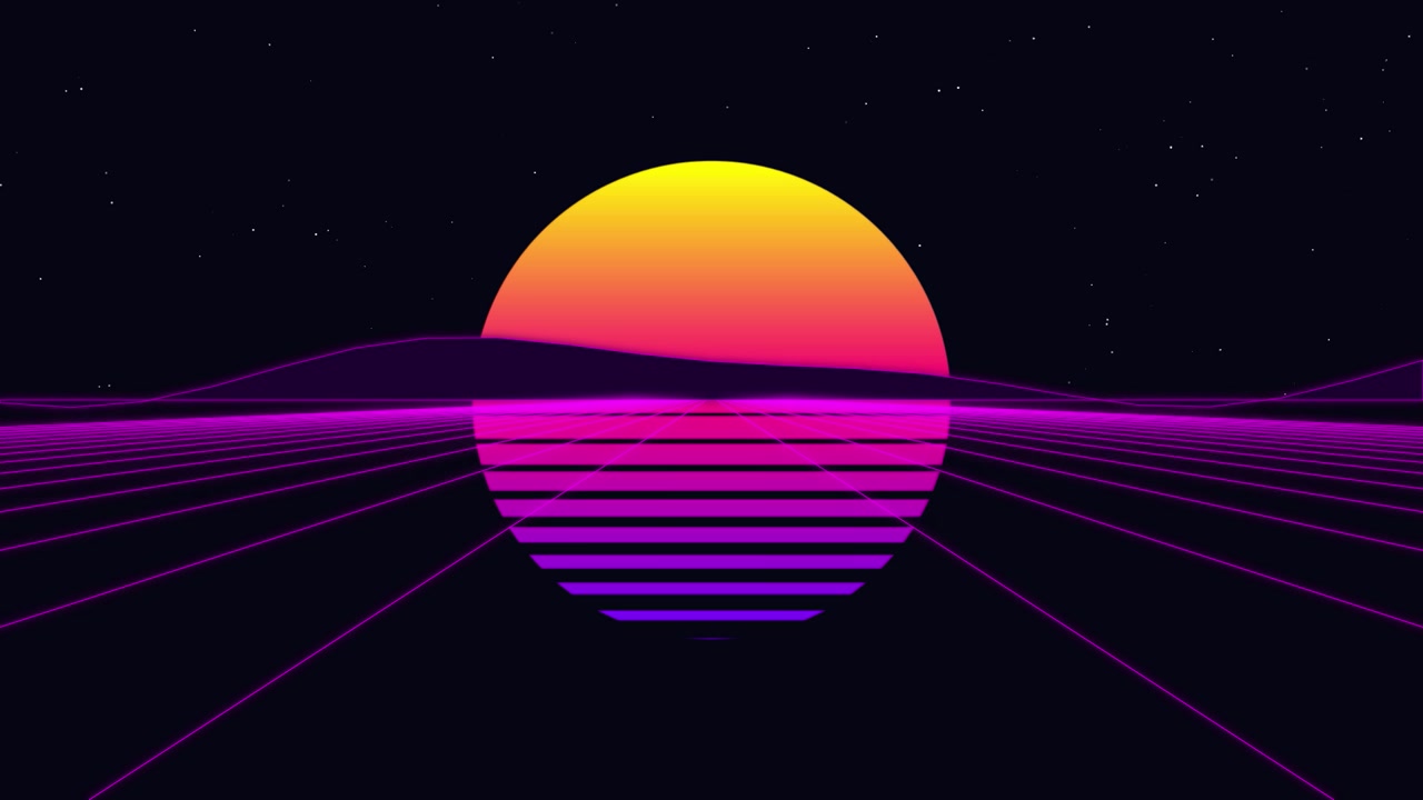 Retro Synthwave Style Digital Landscape with Glowing Sun