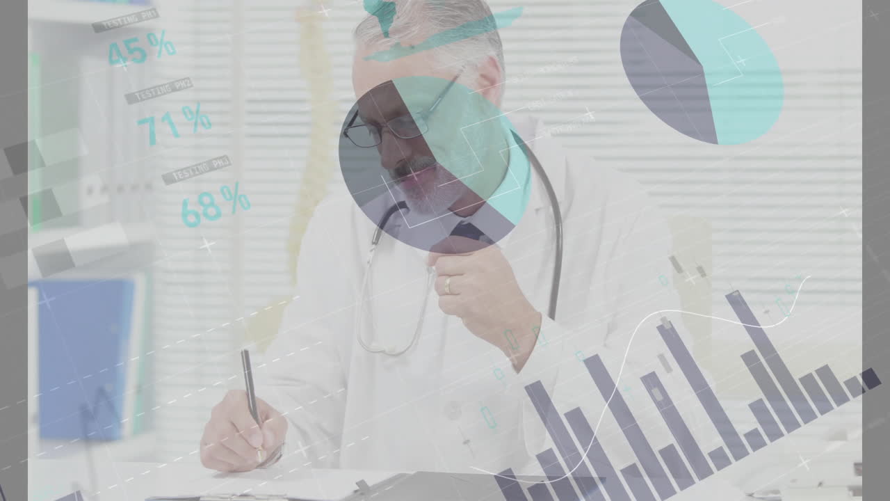 Male doctor writing notes in medical office, overlaying animated pie charts and line graphs