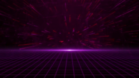 dynamic red purple light particles burst over glowing grid floor surrounded by digital plexus mesh