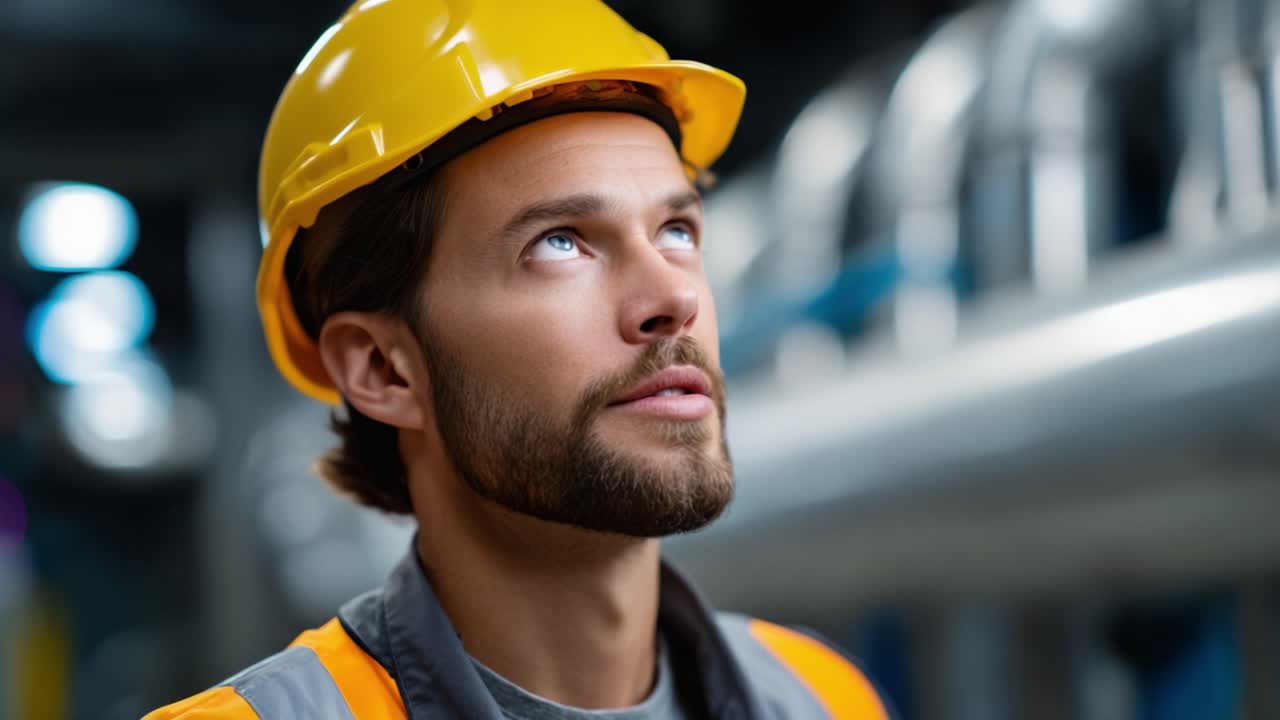 Un operaio edile con un casco giallo e dispositivi di sicurezza guarda in alto pensieroso, mostrando concentrazione e impegno in un moderno ambiente industriale.