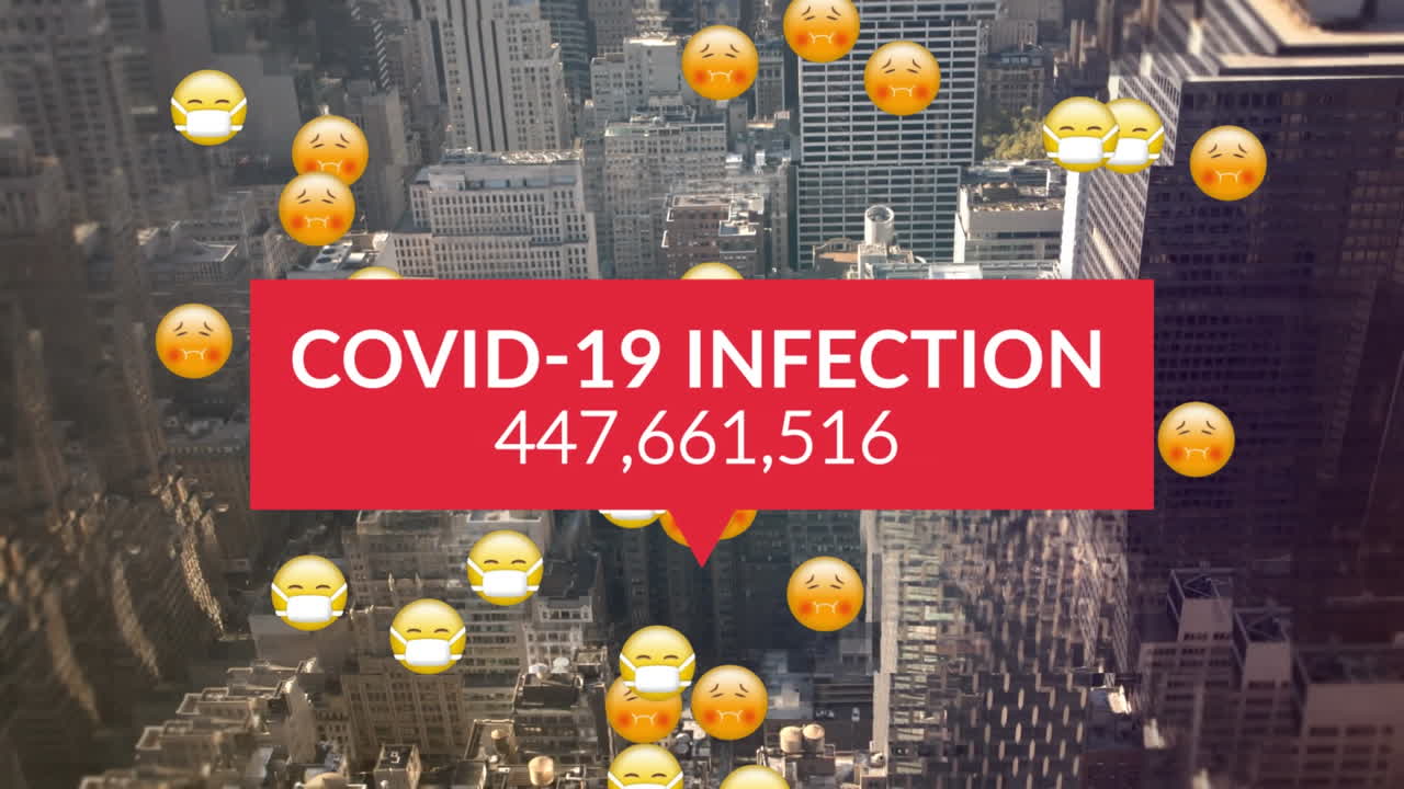 코로나 19 데이터 처리의 애니메이션은 얼굴 마스크와 함께 여러 병자 이모티콘을 통해 처리됩니다.