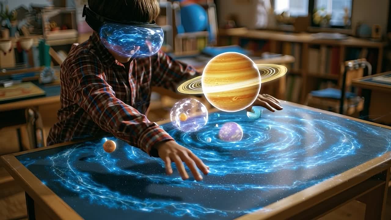 İlgili bir öğrenci, sınıf ortamında sanal güneş sistemini keşfediyor.