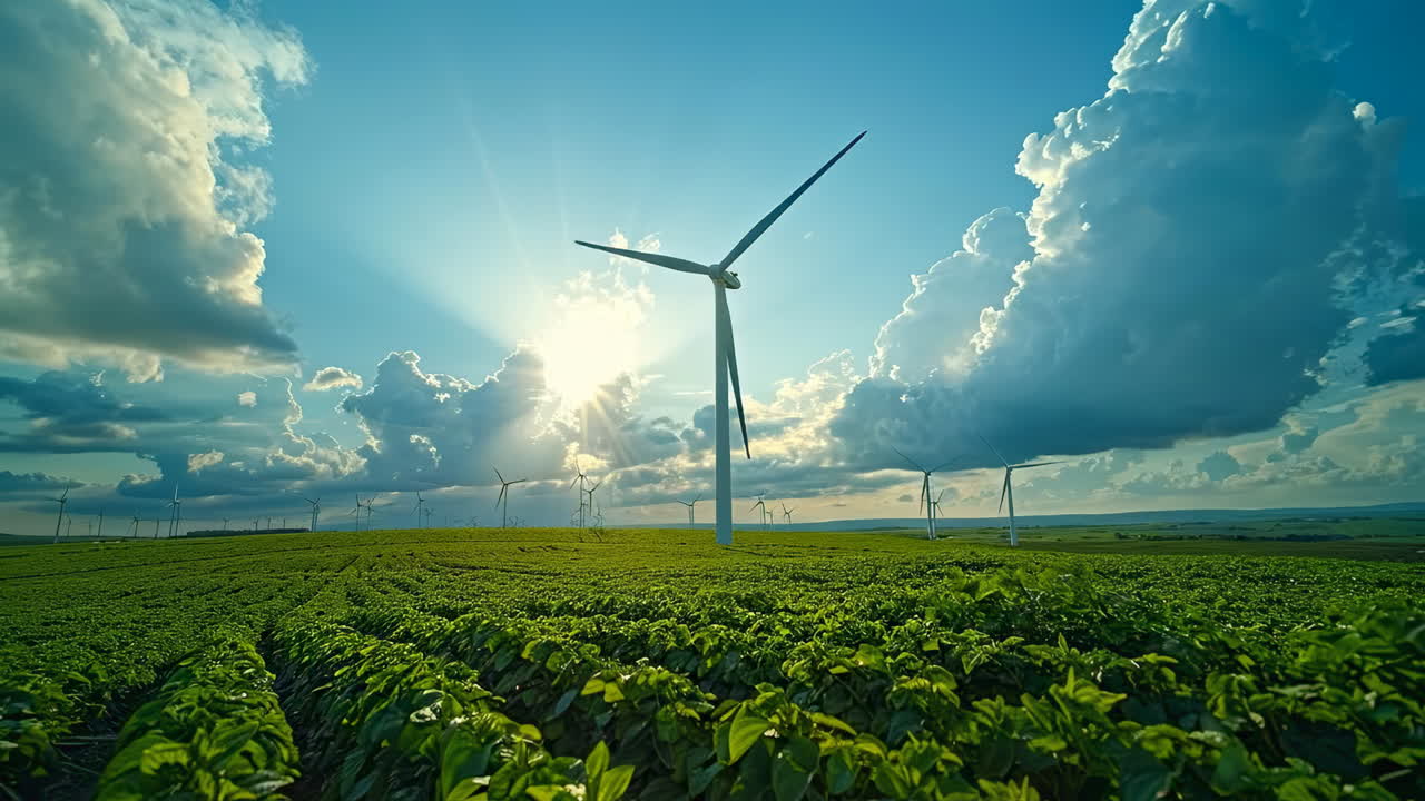 Renewable energy on fields. Wind turbines rotate in the bright sun, surrounded by lush fields under a blue sky filled with clouds