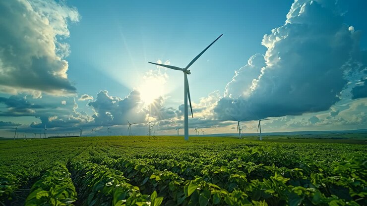 Renewable energy on fields. Wind turbines rotate in the bright sun, surrounded by lush fields under a blue sky filled with clouds