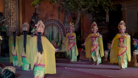Balinese Women Dancers Dancing Legong Dance Theatrical Story Performance at Ubud Palace, Bali