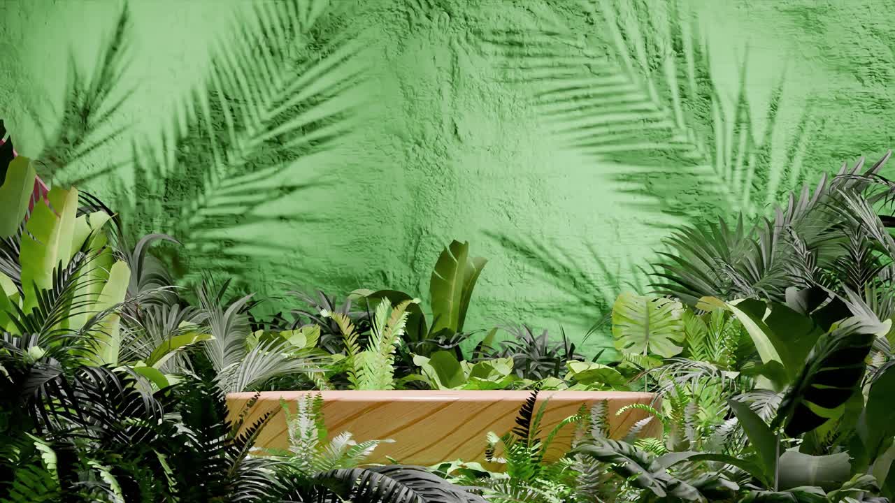 Wooden podium surrounded by tropical green foliage with palm leaf shadows on green textured wall. Minimalist product display template. Summer botanical and nature. wallpaper with copy space