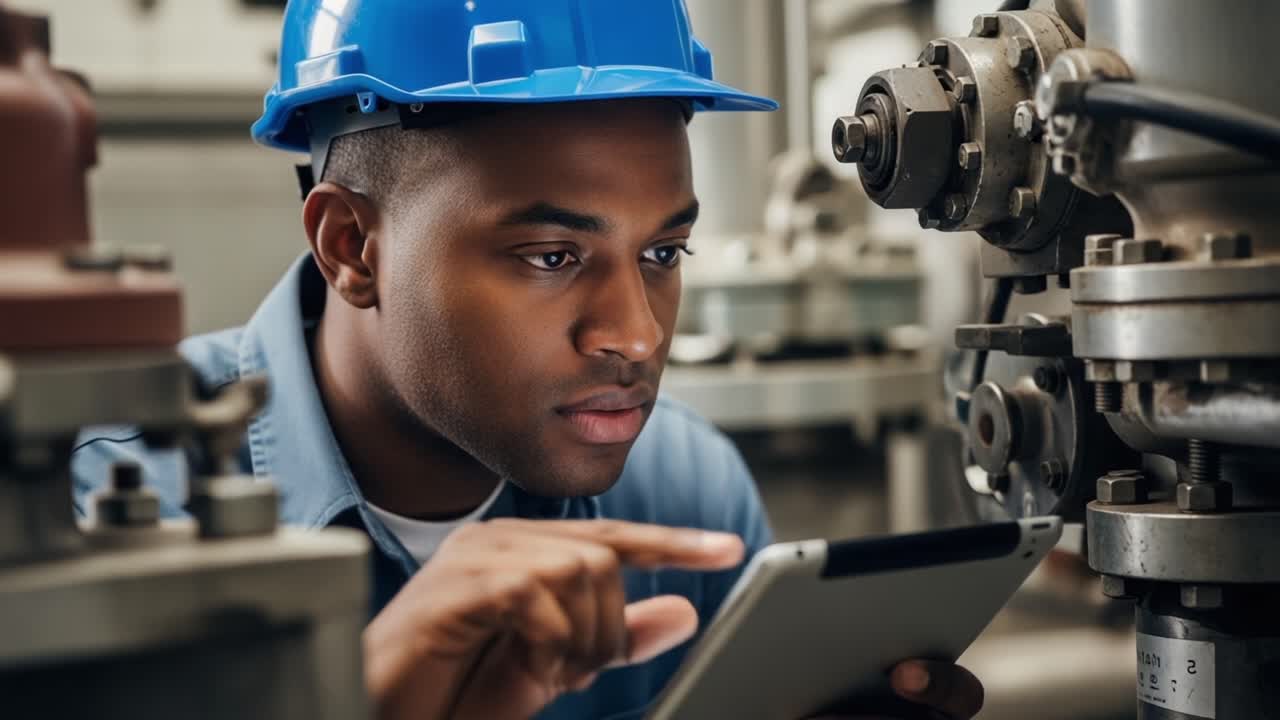 Focused Engineer Using Tablet to Monitor Machinery Operations in Industrial Setting, Ensuring Efficiency and Safety with Attention to Detail