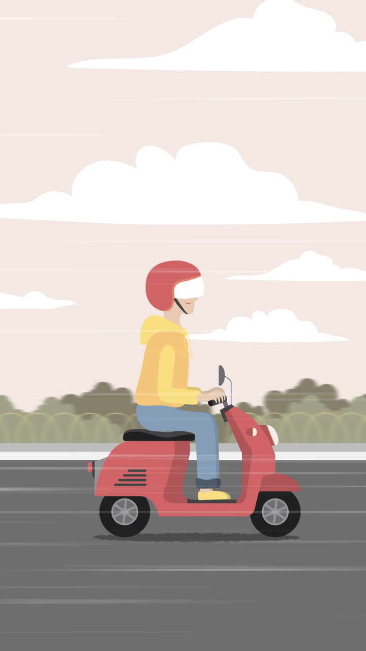 Kask takan adamla elektrikli bisiklet konseptinin animasyonu.
