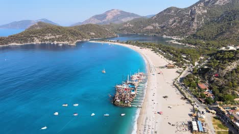 filming from a drone pirate yachts moored on the shore against the background of a mountain landscape in the city of dalyan turkey