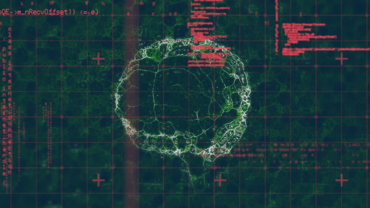 Digital brain with neural network animation over green grid background with red data