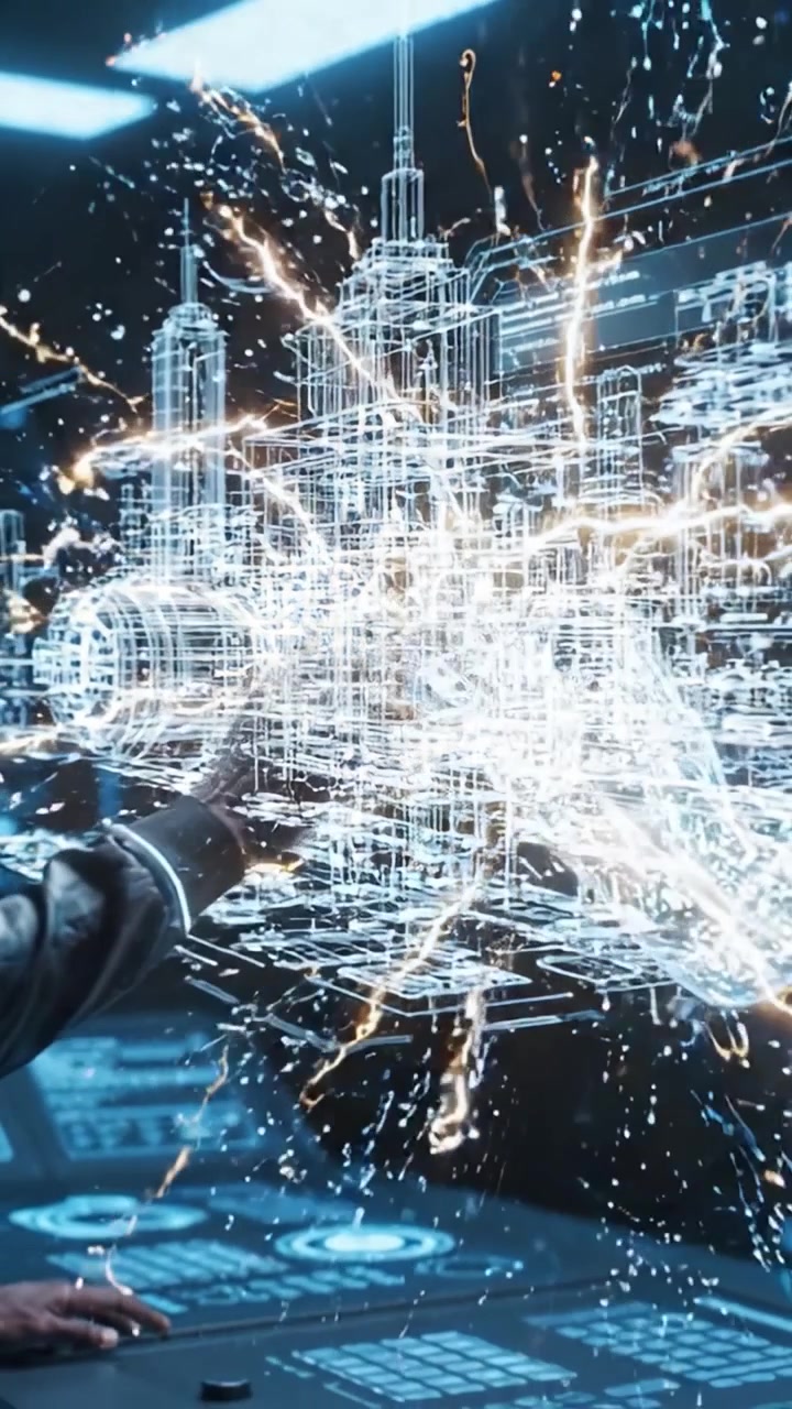 Futuristic Interface Interaction: An Operator Engages with a Holographic Display in a High-Tech Environment, Merging Science and Technology for a New Era