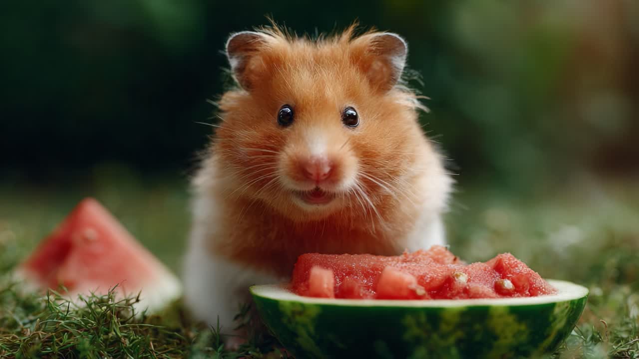 A Charming Hamster Enjoys Refreshing Watermelon in a Lush Green Setting: A Delightful Scene of Nature and Pets