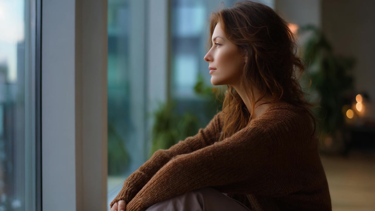 Contemplazione e Riflessione: Il Momento Introspettivo di una Donna Mentre Guarda Fuori dalla Finestra in un Ambiente Accogliente, Evocando Sentimenti di Riflessione e Connessione